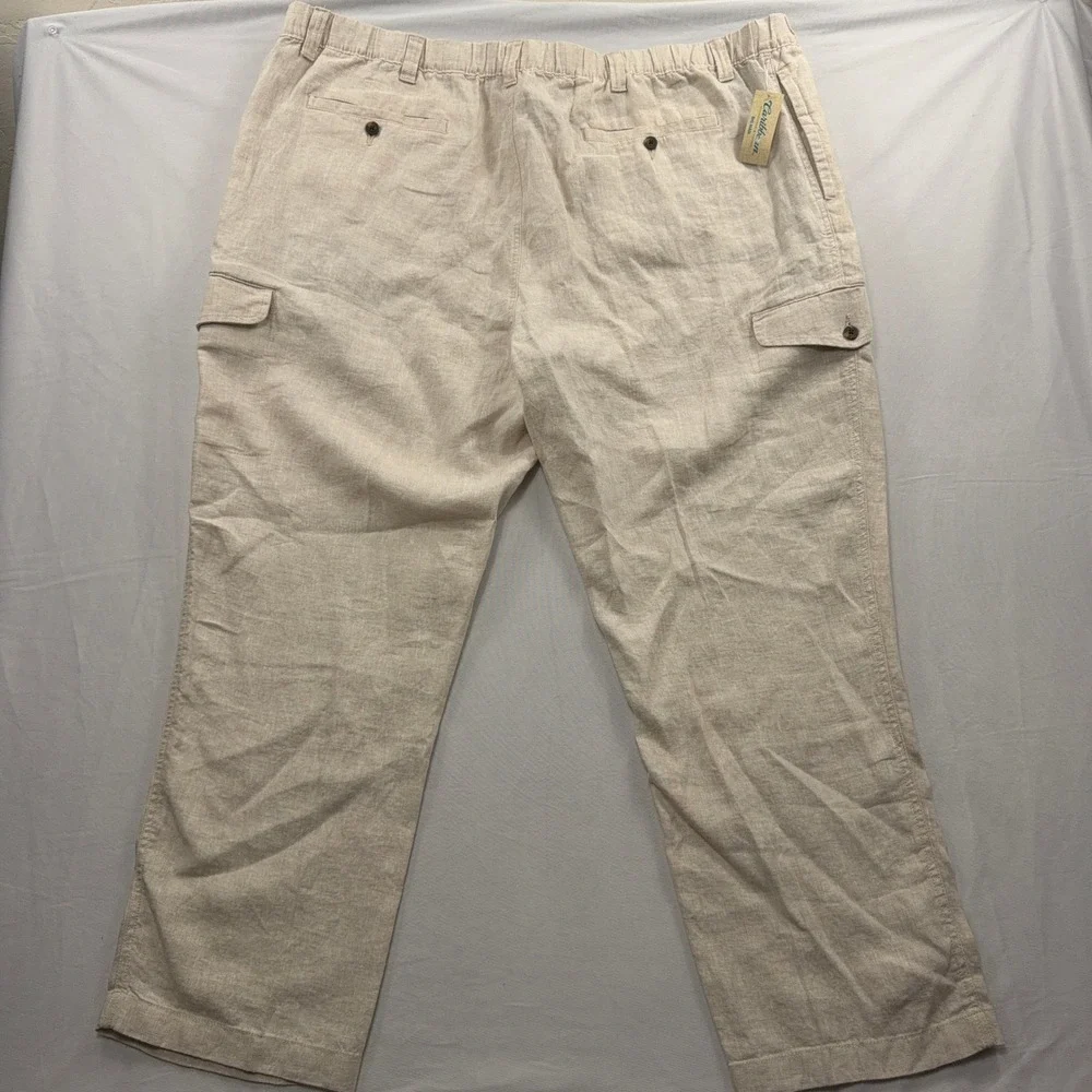 Caribbean Cargo Pants 100% Linen Elastic Waist Natural Mens 50x30 NWT